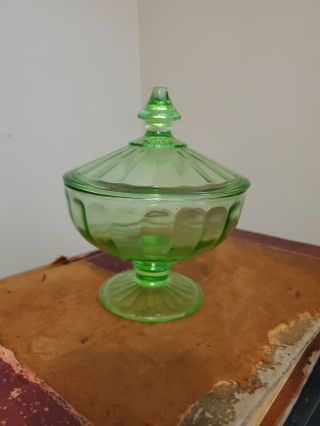 Depression Glass - Green Footed Candy Dish With Lid