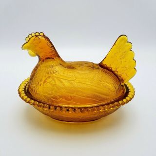 Vintage Indiana Glass Amber Gold Hen Chicken On A Nest Covered Candy Dish