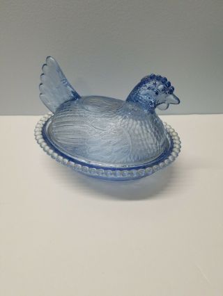 Vintage Light Blue Glass Hen/chicken On Beaded Nest Base - Covered Candy Dish