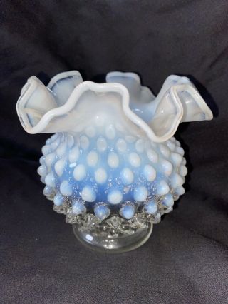 Vintage 1950’s Fenton Moonstone Habnail Clear To White Blue Tint Ruffled Vase