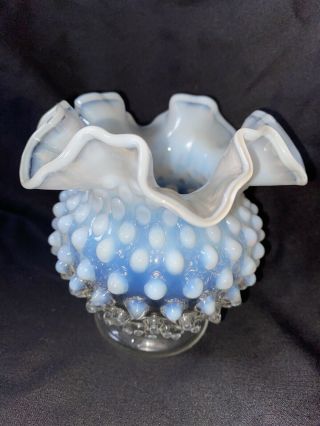 Vintage 1950’s Fenton Moonstone Habnail Clear To White Blue Tint Ruffled Vase 2