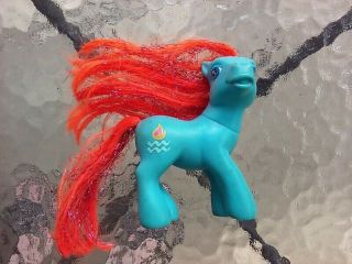 2004 My Little Pony Blue Shimmer Ponies Waterfire W/ Orange Red Tinsel Hair