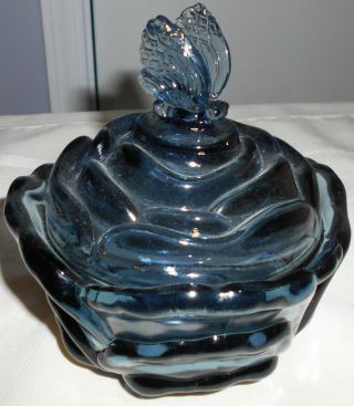 Vtg Fenton Cabbage Rose Butterfly Covered Candy Dish Art Glass Dusty Blue