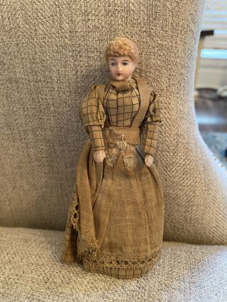 Antique 5” German Cook Dollhouse Doll Bisque Head And Limbs Clothes Bun