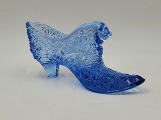 Vintage Fenton Royal Blue Glass Daisy & Button Shoe / Slipper With Cats Head 6 "