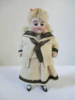 Antique German Bisque Jointed Girl Doll With Glass Eyes & Outfit 3 5/8 "