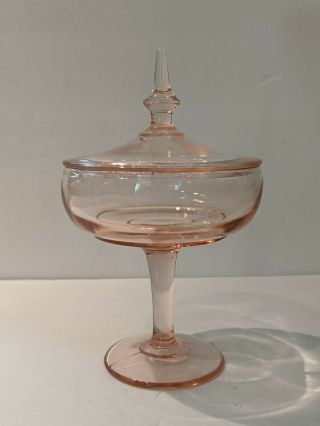 Vintage Pink Depression Glass Compote Candy Dish With Lid And Pedestal Footing