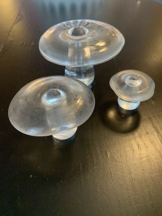 Heron Glass Set Of Three Clear Mushrooms.  Big Middle And Small Mushrooms