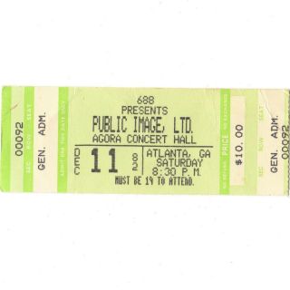 Public Image Ltd Concert Ticket Stub Atlanta Ga 12/11/82 Pil Johnny Rotten Rare