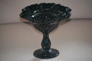 Vintage Fenton Black Glass Compote Candy Dish Ruffled Edge Thumbprint 7 "