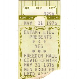 Yes & Pousette - Dart Band Concert Ticket Stub Louisville Ky 5/31/76 Freedom Rare