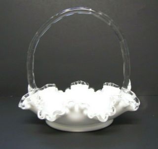 Fenton Silver Crest Basket White Milk Glass W/clear Glass Ruffle Edge & Handle