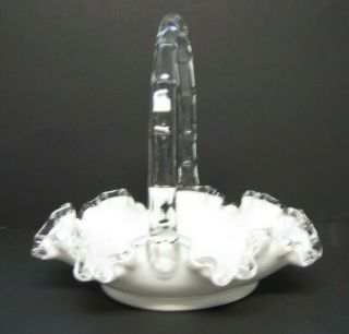 Fenton Silver Crest Basket White Milk Glass w/Clear Glass Ruffle Edge & Handle 2