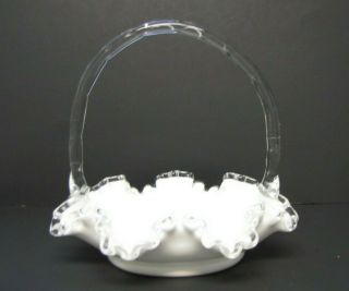 Fenton Silver Crest Basket White Milk Glass w/Clear Glass Ruffle Edge & Handle 3