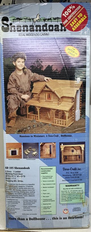Rare Dura - Craft Shenandoah Real Wood Log Cabin Kit / Dollhouse W/ Furniture
