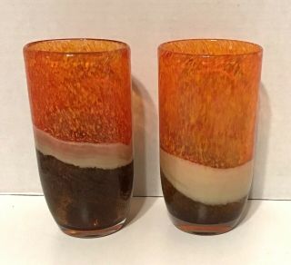 Set Of 2,  Hand Blown Drinking Glasses,  Orange Amber Brown Glass 6” H Mid Century