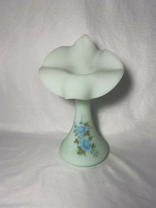 Fenton Art Glass Burmese Satin Jack In The Pulpit Vase W/handpainted Blue Roses
