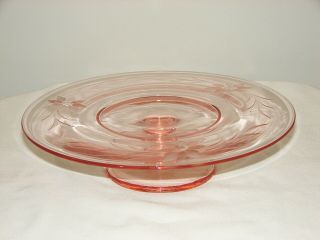 Lancaster Pink Jubilee Etched Depression Glass Pedestal Cake Plate
