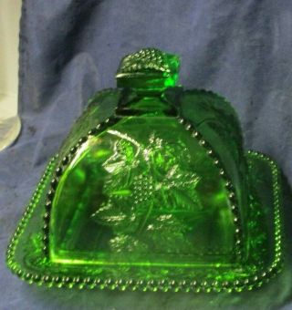 Eapg Green Beaded Grape Square Covered Butter Dish - As Found