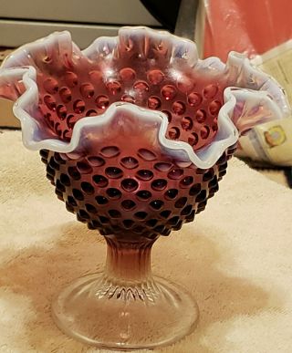 Vintage Fenton Cranberry & White Opalescent Hobnail Double Ruffled 6 " Vase