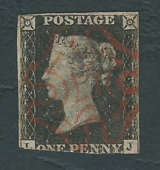 Gb 1840 1d Penny Black Sg2 Red Maltese Cross Lj Plate