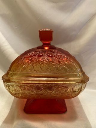 Vintage Square Candy Dish Lid Amberina Yellow Red Acorn Oak Leaf Jeannette Glass