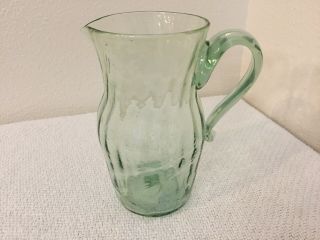 Vintage Blown Glass Small Green Pitcher With Applied Handle 5 1/4 "