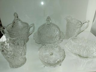 6 Vintage Embossed Glass Set Cheese Ball Covered Dish Creamer Sugar Dish Candy