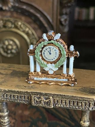 Vintage Miniature Dollhouse Artisan Metal Hand Painted French Mantle Clock Green