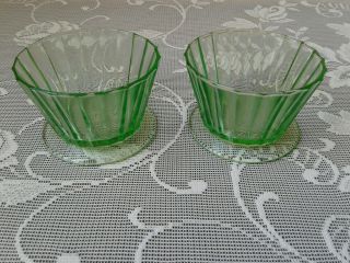 2 Vintage Depression Green Glass Ribbed Custard Dish Bowl Footed Bace
