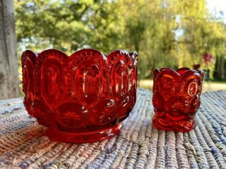 Vintage L.  E.  Smith Glass Moon And Stars Red Glass Candy Dish Bowl & Toothpick