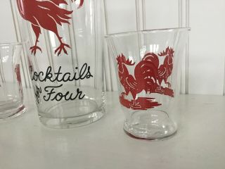Vintage Retro Cocktails For Four Red Rooster Design Carafe And 2 Glasses