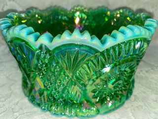 Green Opalescent Iridescent / Carnival Glass Console Candy Bowl Diamond Pattern