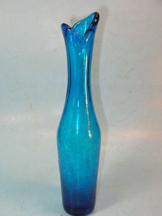 Vintage Blenko 64 - B Blue Crackle Glass 11 3/8 " Vase.