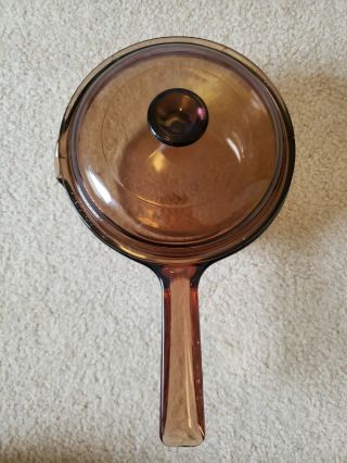 Vintage Corning Pyrex Vision Ware 1l Amber Glass Pot Sauce Pan W/ Cranberry Lid