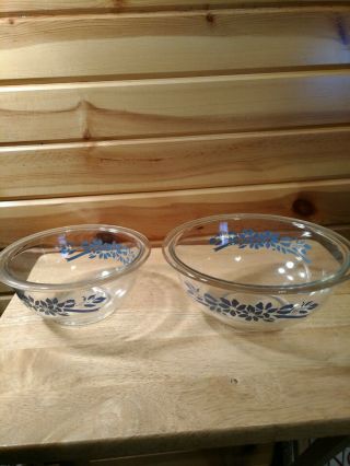 2 Pyrex Clear Bowls W/blue Flowers And Ribbon Pattern 322 & 323