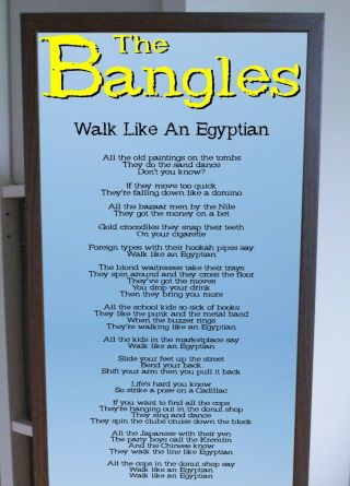 THE BANGLES WALK LIKE AN EGYPTIAN PROMOTIONAL POSTER LYRIC SHEET,  POP,  80 ' S 2