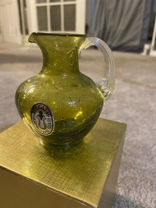 Vintage Pilgrim Hand Blown Green Clear Handle Glass Mini Pitcher Art Glass Decor