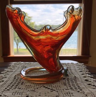 Vintage Mid - Century Vase Art Glass Hand Blown Orange Swirl Base