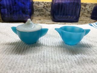 Vintage Akro Agate Blue Octagon Children Toy Dishes Covered Sugar Bowl & Creamer