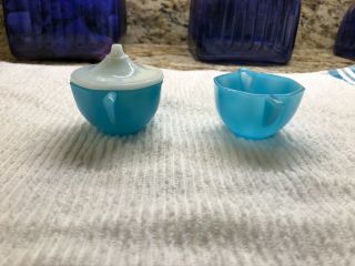 Vintage AKRO AGATE Blue OCTAGON Children Toy DISHES COVERED SUGAR BOWL & CREAMER 3