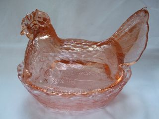 Vtg Pink Ice Lg Wright Glass Chicken Hen On Nest Candy Dish Split Tail Book Pc.