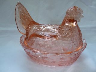 Vtg Pink Ice LG Wright Glass Chicken Hen On Nest Candy Dish Split Tail Book Pc. 3