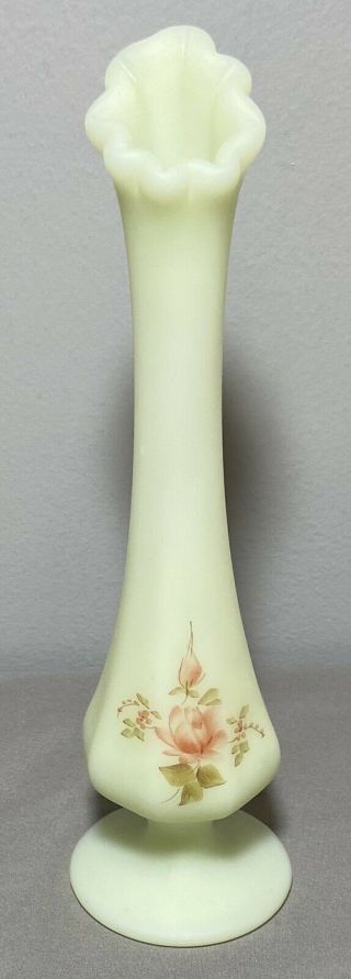 Fenton Custard Glass Swung Bud Vase Footed 8 Paneled Hand Painted Artist Signed