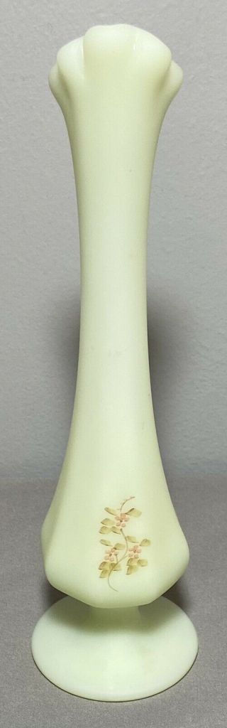 FENTON Custard Glass Swung Bud Vase Footed 8 Paneled Hand Painted Artist Signed 2