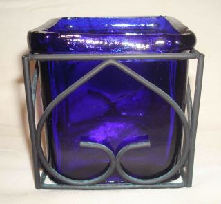 Vintage Italy Cobalt Blue Italian Glass Square Votive Candle Holder Dish W/metal