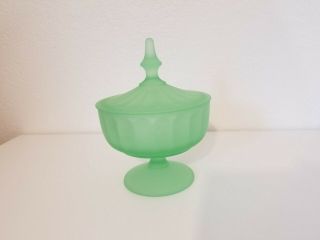 Vintage Frosted Green Glass Pedestal Candy Dish / Compote With Lid