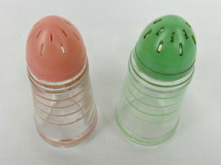 Vintage Owens Illinois Salt Pepper Shakers Pink Green Banded MCM Atomic Design 2
