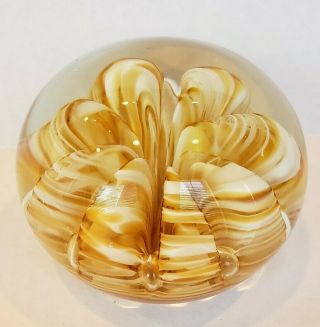 Vintage Art Glass Paperweight Signed Joe St Clair Amber & White Ribbon W Bubbles