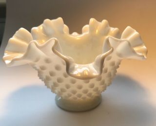 Vintage Fenton White Milk Glass Hobnail Ruffled Edge Bowl Vase Footed